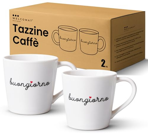WELCOMAT Tazzine Caffè Particolari - 80 ml - Tazze caffe espresso in Ceramica, Scritta Buongiorno Lavalabile in Lavastavoglie, Design Minimalista, Regalo Natale, Compleanno, Anniversario