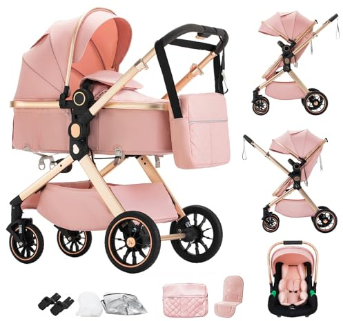 Shineey Kinderwagen 3 in 1, Alltags Buggy Faltbarer Kinderwagen Set, Kombikinderwagen 3 in 1 mit Großer Bequemer Babywanne, Laufwagen Rahmen Aluminiumlegierun (U9-X//PINK, U9-X)