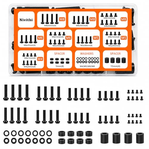Nivithi 76 Pièces Vis Tête Ronde Noir,Fixation Murale TV pour Installer | Kit Vis VESA/Montage TV,Fer Plaqué Support Vesa,Supports Mural&TV-Standfüße,Le kit Offre M4/M5/M6/M8+Rondelles/Entretoises