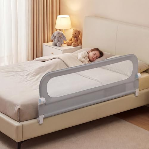 COSTWAY Barrera Seguridad Niños, Barandilla Plegable para Cama, Barandilla de Seguridad Ajustable dcon Funda Extraíble de Tejido Oxford y Base Robusta en Forma de U (Gris,150 x 60 cm)