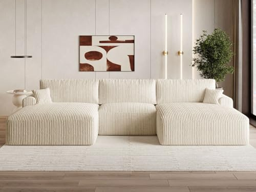 GRAINGOLD Serene U Ecksofa mit Schlaffunktion & Bettkasten 391x145 cm, U-Form Sofa mit Stauraum, Schlafcouch für Wohnzimmer, Cord-Stoff, 5-Sitzer Wohnlandschaft, Modernes Design (Beige)