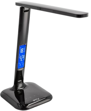 GTV LINEAR Schreibtischlampe LED 7W 420lm 3-CCT Dimmbar, Tischlampe mit Display Uhr Datum Temperatur Wecker, Bürolampe Touch 5-Stufen Helligkeitsregelung, Schwarz