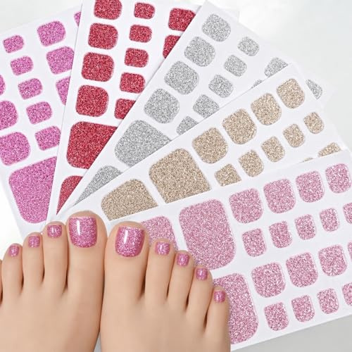 FrostyFlair Toenail Wraps for Pedicure & Nail Art, 5-Piece Set of Self-Adhesive Full Nail Wraps in Pink, Purple and Glitter, Red, Gold and Silver Toenail Stickers for DIY Manicure