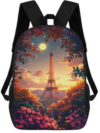 sinyumoney Paris Eiffel Tower Sunset Rucksack 3D-Druck Kindertasche Grundschüler Tagesrucksack Leichte Schultasche Für Kinder Mädchen Jungen Kindergarten Lunchtasche 17inch