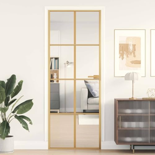 Runheo Porta interna in vetro temperato e alluminio dorato, 76 x 201,5 cm, sottile, con telaio robusto e grande vetro per soggiorno, facile installazione nel telaio in legno, design moderno