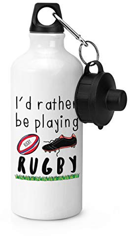 Gift Base I'd Rather Be Playing Rugby Sports Bottle Water Gym 600ml White