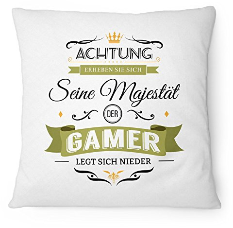Fashionalarm Kissen Seine Majestät der Gamer - 40x40 cm mit Füllung | Lustige Geschenk Idee für Zocker Computer Spieler Gaming PC Hobby Spruch, Farbe:weiß