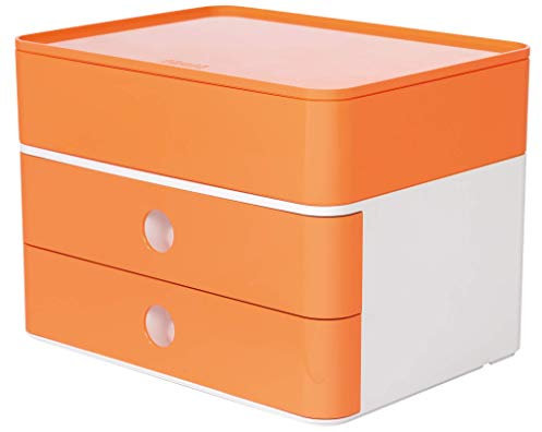 HAN Schubladenbox Allison SMART-BOX plus mit 2 Schubladen, Trennwand sowie Utensilienbox, Kabelführung, stapelbar, Büro, Schreibtisch möbelschonende Gummifüße, 1100-81, hochglänzend apricot orange