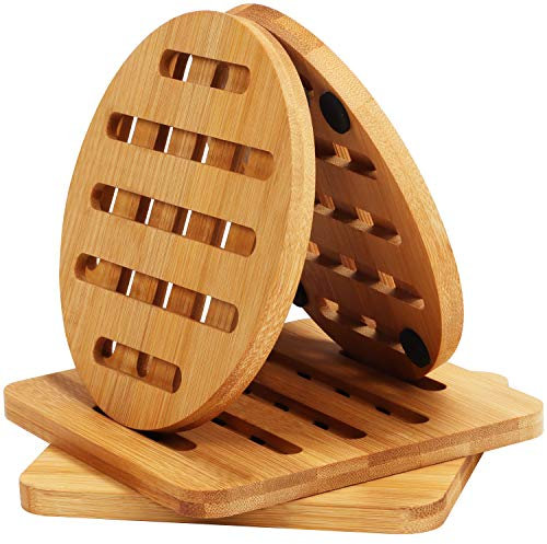 Belle Vous Salvamanteles Cocina de Bambú Resistente al Calor (Pack de 4) 15 x 15 cm - Soportes Ollas Calientes Antideslizante Cuadrado y Redondo – Posavasos Madera Natural para Tetera, Tazón y Plato