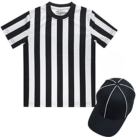 TopTie Schiedsrichter Trikot Set Kinder Schiedsrichtershirt,Schwarze Schiedsrichtermütze mit weißen Streifen Sport Fancy Dress für Dress Up Party- M