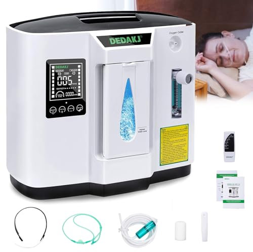 DEDAKJ Sauerstoffkonzentrator Tragbarer, Sauerstoffgerät für Zuhause Konzentration Einstellbare 1-7L / min, Sauerstoffmaschine 30%-90% Reinheit, Fernbedienung, Zuhause und Reisen(DE-1A)