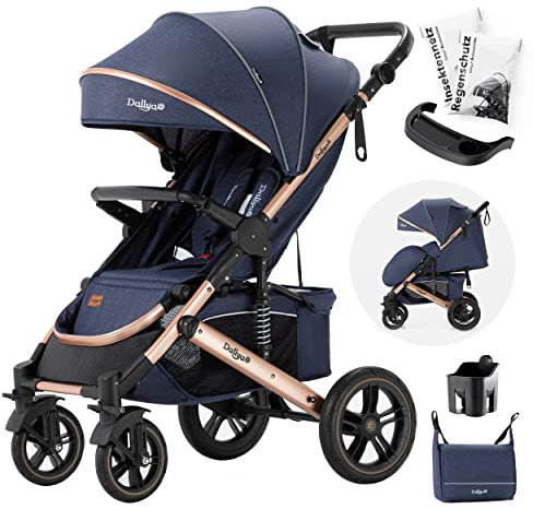 Daliya® Rapidy Buggy Kinderwagen 0-36 Monate Sportwagen mit Liegeposition Wickeltasche, Winterfußsack, Ess- & Spieltisch und mehr (Blau - Gold)