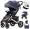 Daliya® Rapidy Buggy Kinderwagen 0-36 Monate Sportwagen mit Liegeposition Wickeltasche, Winterfußsack, Ess- & Spieltisch und mehr (Blau - Gold)