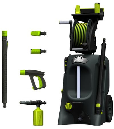 AVA Evolution P80 Pressure Washer, 160 Bar 600 LPH 2800 W, High Power Electric Jet Washer with Foam Cannon, Follow-Me Hose Reel, Zoom Lance, Used for Patios, Cars, Includes Turbo and Vario Nozzles
