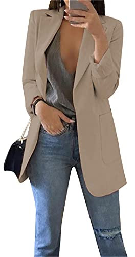EFOFEI Damen Sommer Herbst Freizeit Coat Arbeitsanzug Mit Offenem Revers Anzüge Bolero Mit Tasche Elegant Langarm Blazer Khaki S
