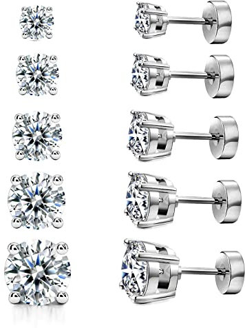 Kainier 5 Pairs 14K White Gold Plated CZ Stud Earrings Flat Back Earrings Simulated Diamond Round Surgical Steel Cubic Zirconia Hypoallergenic Flat Back Ear Stud Set