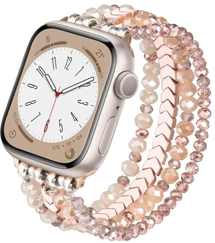 VISOOM Beaded Straps Compatible with Watch Strap 38mm/40mm/41mm/42mm(S10), Bling Jewelry Replacement iWatch Band Women for Series SE/10/9/8/7/SE/6/5/4/3/2/1, Rose gold-L