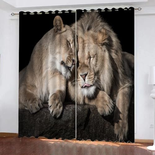 GIOVIA 3D Löwe Vorhänge Abdunkelnde mit ösen 2 Stücks Gardinen Blickdicht Verdunkelungs Tier Löwe Kälteschutz Scheibengardinen für Junge Mädchen Schlafzimmer B 280 X H 260 cm