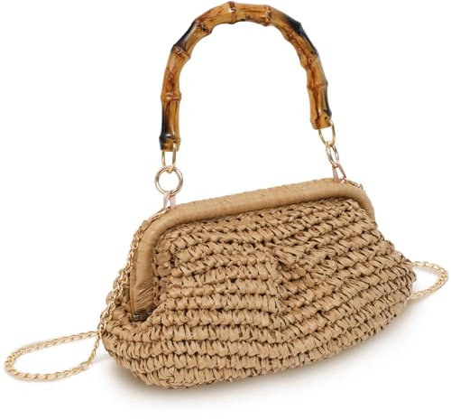 Straw Clutch Purse for Women 2024 Straw Woven Handbags with Bamboo Handle Summer Beach Dumpling Bag Wicker Crossbody Pouch, Khaki