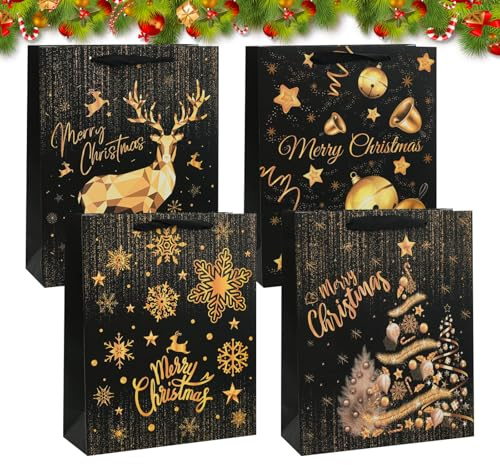 PLUSHCEWT 12 Stück Weihnachtspapier Geschenktüten Schwarz Gold Party Taschen Weihnachten Süßigkeiten Tüten Schneeflocken Rentier Weihnachtsbaum Treat Taschen für Geschenke und Weihnachtsfeier