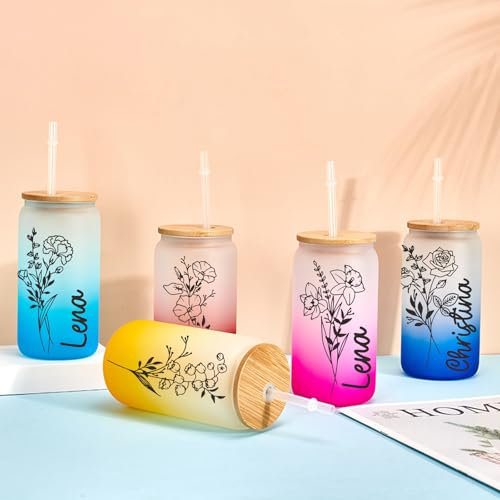 Drawelry Personalisierte Farbverlauf Glasbecher mit Name Geburtblume Gedruckt Deckel und Strohhalmen Trinkgläser 450ml Glastasse Kaffee Getränke Cocktail Wasser Gläser für Geburtstags Geschenke (I)