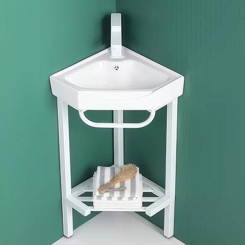 Évier en céramique avec support en acier inoxydable, ensemble lavabo d'angle et meuble-lavabo, évier utilitaire sur pied, meuble avec miroir, robinet, accessoires, for salle de bain, balcon, chambre d