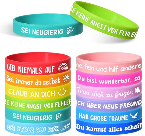 24 Stück Motivationsarmbänder Kinder auf Deutsc 18 cm Silikonarmband | Mitgebsel Mitbringsel Kindergeburtstag Einschulung Geschenk Schultüte Füllung Schulkind