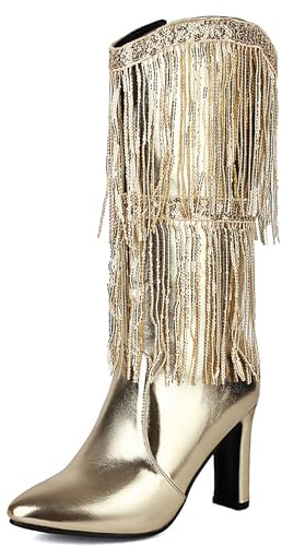LarDorLin Donna Appuntito Moda Tacco a Blocco Stivali Ankle Cordoncino a Collo Alto Equestrian Knee High Slouch Frangia Dancing Booty Oro Numero 40 EU (41 CN)
