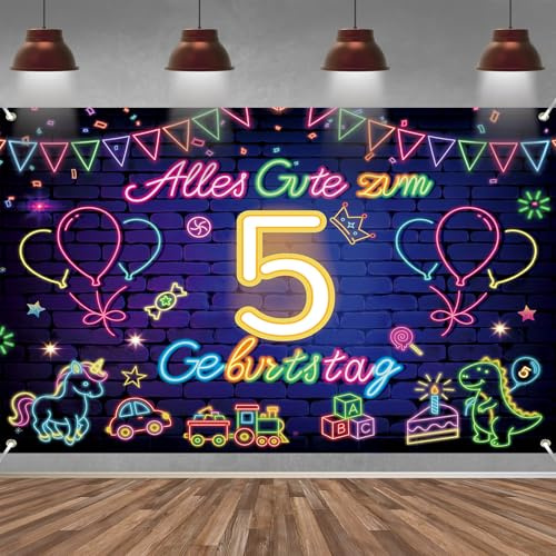 5º cumpleaños Banner para niño niña decoración negro neón 5 cumpleaños fondo banner, cartel de tela extra grande para 5 cumpleaños decoración de fiesta, 210 x 150 cm