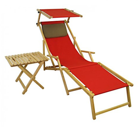 Erst-Holz Relaxliege rot Gartenliege Strandliege Fußteil Kissen Sonnendach Tisch hell 10-308 N FST KD
