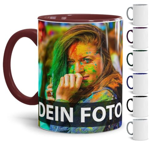 Tasse selbst individuell gestalten/Personalisierbar mit eigenem Foto Bedrucken/Fototasse/Motivtasse/Werbetasse/Firmentasse mit Logo/Innen & Henkel Weinrot - XXL Druck