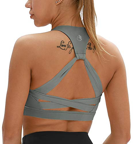 icyzone Damen Yoga Sport-BH mit Gepolstert Fitness Bustier Workout Running Bra (M, Grau)