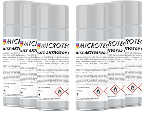 Microtec® Aktivator Spray für Sekundenkleber | 6x 200ml | Aushärtebeschleuniger für Industrieklebstoffe | idealer Einsatz bei offenen Verklebungen | sekundenschnelle Reaktion