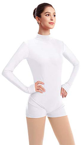FYMNSI Damen Langarm Ballettanzug Ballettbody Sport Tanz Body Gymnastikanzug Trikot Bodysuit Einteiler Turnanzug Leotards Overall Stehkragen Einfarbig Elegant Bodies Ballett Langarmbody Wei? 3XL