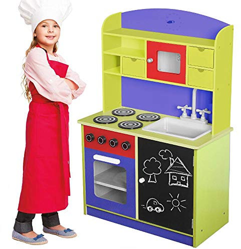 BAKAJI Cocina de Madera Juguetes para Niños con Puerta y Cajones, Fregadero Plástico, 4 Hornos para Abrir y Microondas, Cierres Magnéticos 60x30x90cm (Multicolor)