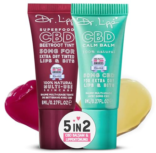 Dr. Lipp CBD Balsam 8ml & Lippentönung Rote Beete 8ml – 5-in-2 Feuchtigkeitsspendende Salbe & Lippenbalsam für extrem trockene Haut & rissige Lippen – Mit 50mg Cannabidiol & 100% natürlichem Lanolin