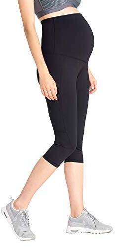 MAMARELLA Legging de grossesse 3/4 noir pour femme enceinte avec ceinture de maintien et coutures décoratives pour toute la grossesse et la récupération - Noir - taille unique