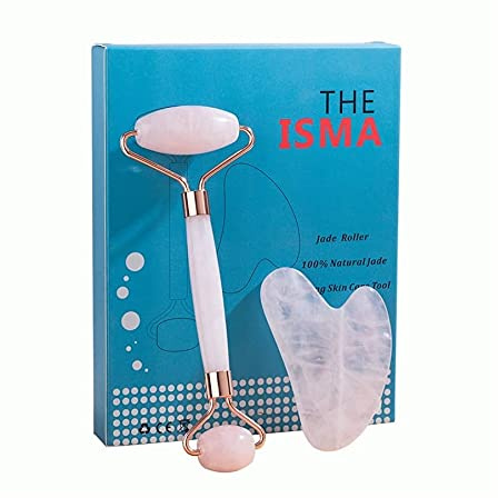 100% Natural Rose Quartz Jade Roller & Gua Sha Set, Jade Facial Roller Double Neck Healing Slimming Massager Anti-Aging, De-Puffing, Detoxifying, Brightening, and Refreshes Skin Tool