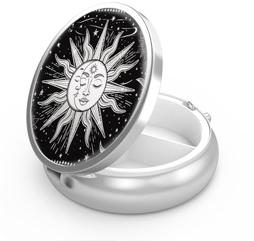 Portapillole 3 Scomparti Portatile da Tasca o Portapillole Decorativo in Metallo Medicina Vitamina Organizer (Sun and Moon01)