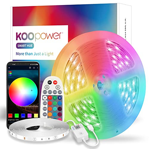 Koopower LED Strip 15m, Bluetooth RGB LED Streifen mit IR Fernbedienung und Wird von APP, Dimmbar LED Lichterkette,Bunt LED Lichtstreifen, Party, Küche [Energieklasse A++]