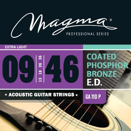 1 Juego de Cuerdas Magma para Guitarra Acústica de Bronce Fosforoso Coated - Tensión Extra Liviano (Extra Light), Calibres 09-42 (GA110P) - 1 Set