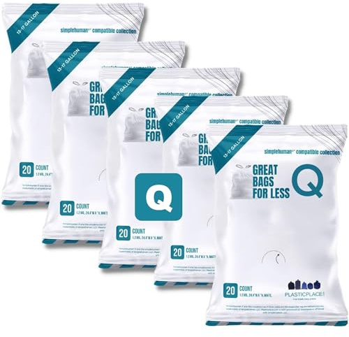 Plasticplace Rubbish Bags, Compatible with simplehuman Code Q Packs, White Drawstring Rubbish Liners,13-17 Gallon, 25 x 32.5 (20 Count/5 Pack)