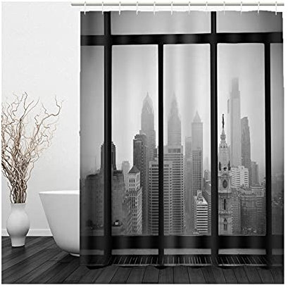 Banemi Rideau Baignoire Tissu, Kit Rideau Douche Gris Noir Clôture Grand Bâtiment Polyester pour Salle de Bain, Maison, Hôtel 150X200cm avec 12 Anneaux