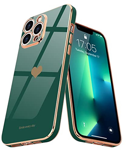 Teageo for iPhone 13 Pro Case Cute Heart Pattern for Women Girls Slim Luxury Bling Plating Soft TPU Anti-Scratch Shockproof Bumper Phone Case for iPhone 13 Pro, Darkish Green