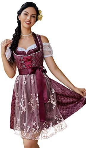 KOJOOIN Damen Trachtenkleid 3tlg.Dirndl Midi Kleid mit 3D Drucken für Oktoberfest-DREI Teilig: Kleid, Bluse, Schürze Rot(3D Drucken) 36