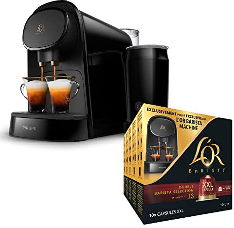L'OR BARISTA Coffee Machine & Milk Frother by Philips with L'OR Double Barista Selection XXL 5X10PC, Double Shot, Aluminium Coffee Capsules (Total 50 XXL Capsules) Intensity 13