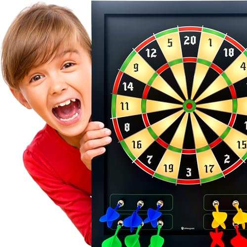 Große & Sichere Magnetische Dartscheibe (Holzrahmen) für Kinder & Erwachsene - Spaßiges Magnetisches Dartspiel für bis zu 4 Spieler - Inklusive 12 Bunten Dartpfeilen + Trocken Abwischbare Punktezettel