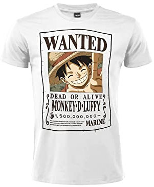 One Piece T-Shirt Straw Hat. Wanted Model. Monkey D. Luffy. Cotton. Unisex. White. Adult Boy., White, M