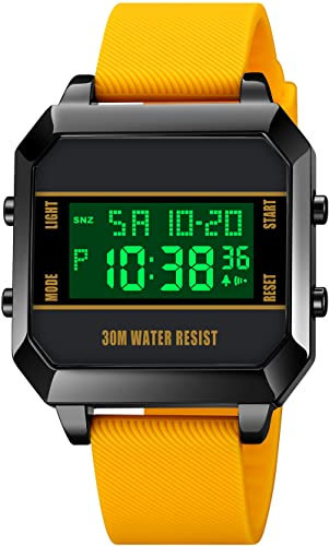 findtime Gelb Armbanduhr Herren Sport Digital Uhren, Quadrat Digitaluhr für Männer Jungen mit Duale Zeitzone 12/24-Stunden Countdown-Timer