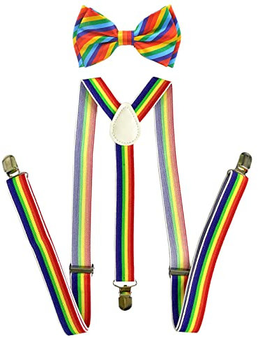 SUNTRADE Männer Frauen Clip-on Regenbogen Hosenträger Elastische Y-Form Verstellbar mit Clips und Fliege (Leichter Regenbogen)